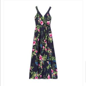Navy Blue Floral Maxi Faux Wrap Dress